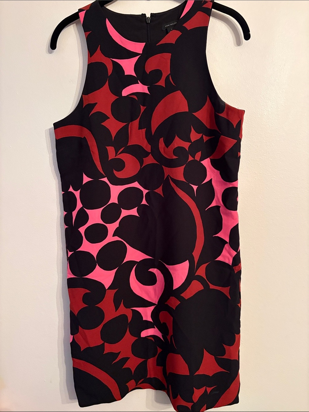 Ann Taylor Black Dress with Red & Pink Abstract Swirl Print
